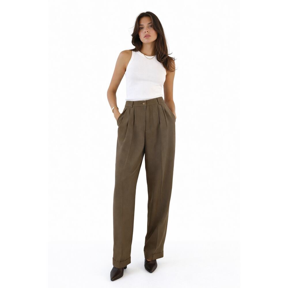 Rena Rowan 100% Silk High Waist Wide Leg Dress Pants Brown Pleated 8 Vintage